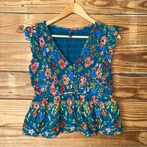Anthropologie Floral Teal Sleeveless Top